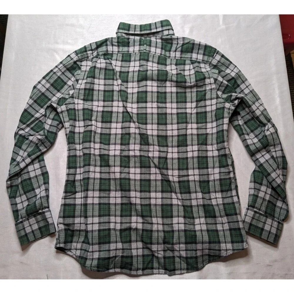 BANANA REPUBLIC Men Large Green Gray Plaid Cotton FLANNEL‎ Shirt